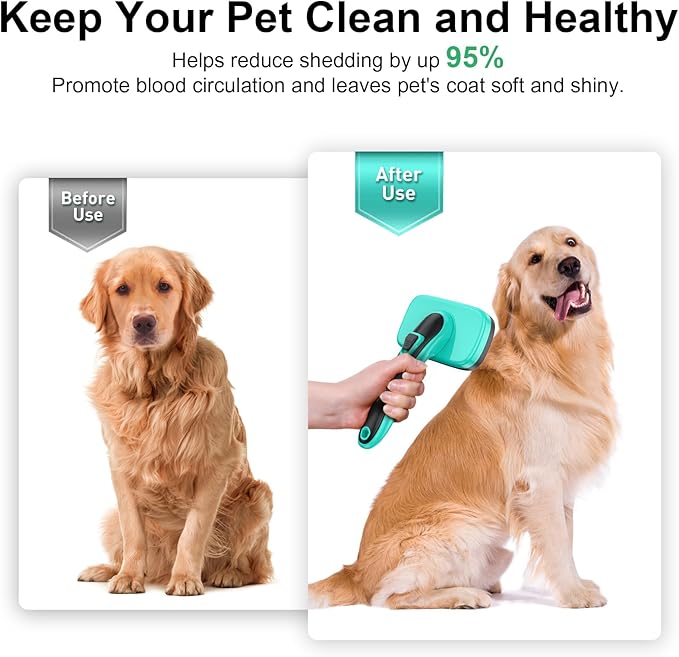 Self Cleaning Slicker Brush for Dog and Cat - Skin Friendly Shedding & Grooming Tool for Long and Short Haired Pets,Easy Clean Retractable Bristles,Green