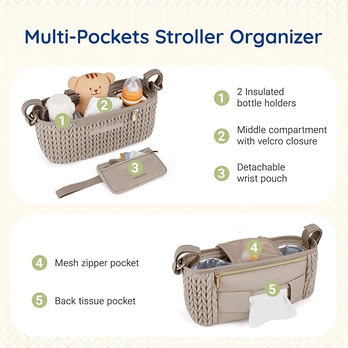 mommore Stroller Organizer with Insulated Cup Holders, Adjustable Stroller Caddy with Detachable Phone Bag, Stroller Accessories Fits for Uppababy, Doona, Jogger, Britax (Black)