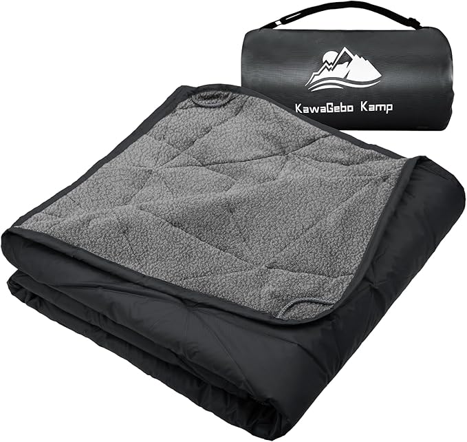 KawaGebo Kamp Outdoor Waterproof Blanket, Foldable Fleece Stadium Blanket for Outdoor Sports Event, Camping, Car, Pet, Picnics - Windproof, Wearable, Machine Washable 80" x 58" (Black Gray)