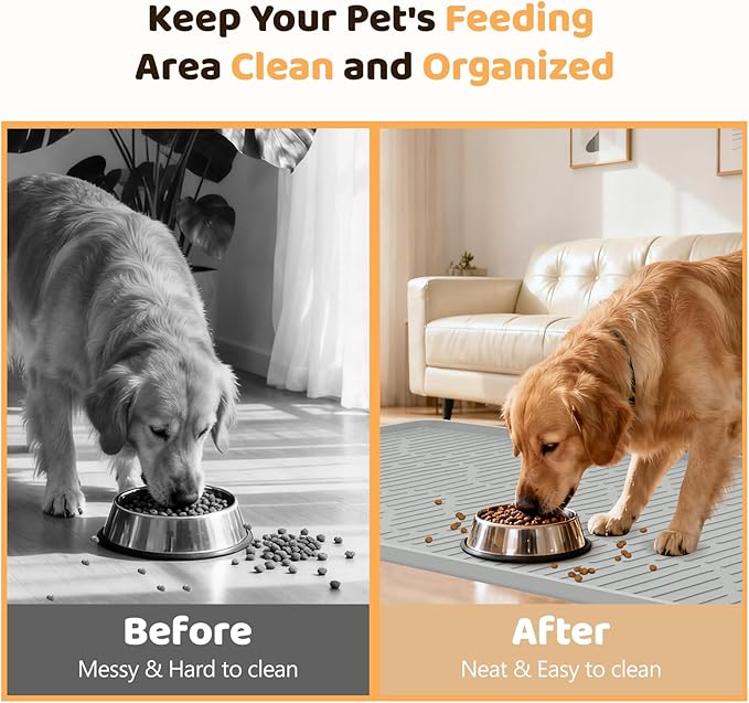 Silicone Cat & Dog Food Mat, 46" x 32" Extra Large Pet Feeding Mat for Cats and Dogs Bowl, Pet Placemat for Food and Water with Raised Edge, Waterproof, Leakproof (Grey)