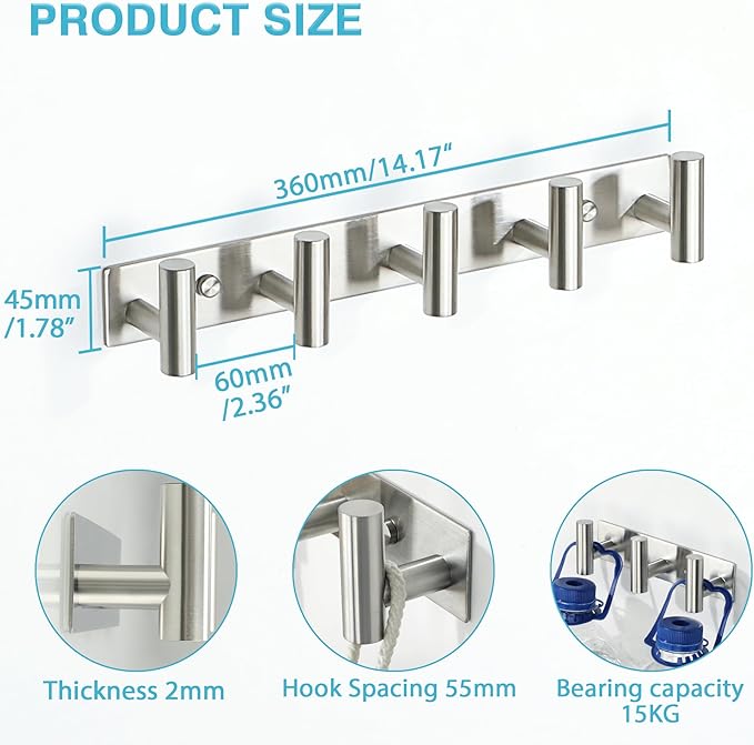 Alise Towel Hooks Towel Robe Coat Hook Rail with 5 Hooks Wall Mount Key Hooks for Coat Hat Towel Purse Robes Bathroom,SUS304 Stainless Steel Wall Hooks Self Adhesive and Drilling,Brushed