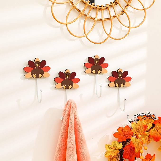 Weysat 4 Pcs Thanksgiving Wall Hooks Turkey Hand Towel Hook Thanksgiving Bathroom Decor Rustic Decorative Wall Mounted Key Holder for Fall Autumn Living Room Bathroom