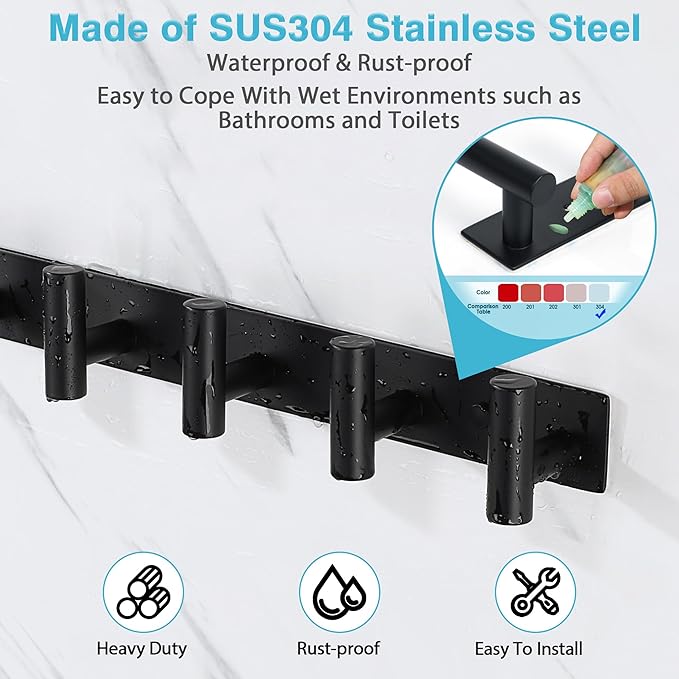 Alise Black Towel Hooks Towel Robe Coat Hook Rail with 5 Hooks Wall Mount Key Hooks for Coat Hat Towel Purse Robes Mudroom Bathroom,SUS304 Stainless Steel Wall Hooks Self Adhesive and Drilling