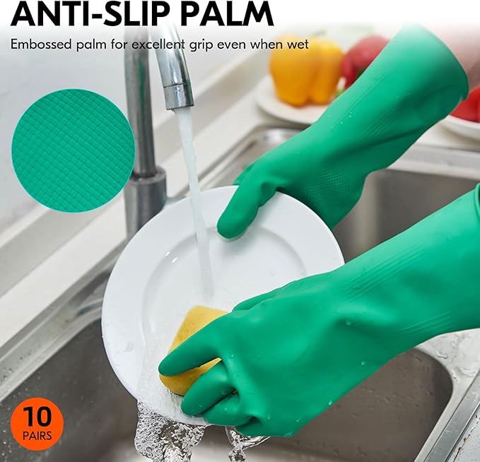 Vgo... 10-Pairs Reusable Household Gloves, Rubber Dishwashing gloves, Extra Thickness, Long Sleeves, Kitchen Cleaning, Working, Painting, Gardening, Pet Care (Size S, Green, HH4601)