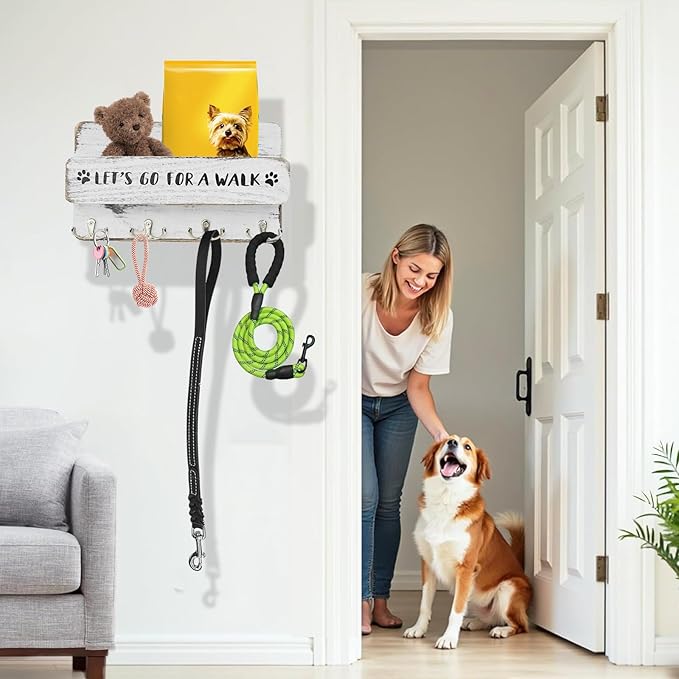 Wood Dog Leash Holder for Wall, Key Hangers with 4 Double Key Hooks, Dog Leash Hanger Wall Mounted for Entryway, Farmhouse Treats,30cm,White