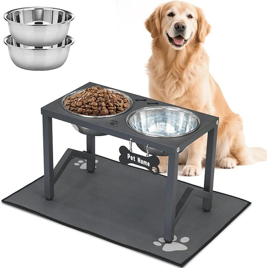 Elevated Dog Bowl Stand, 11.8 Inch Tall Raised Feeder with 2 Stainless Steel Bowls (58oz) and Non-Slip Mat for Medium/Large Dogs (Grey)