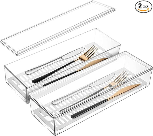 2 Pcs Clear Silverware organizer with lid, Plastic Flatware Storage Box, Kitchen Drawer Organizer tray, Cutlery Utensil Holder for Flatware and Silverware