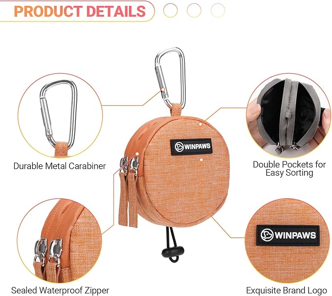 Dog Poop Bag Holder for Leashes- Dog Treat Pouch with Waterproof Zipper,Puppy Training Small Bag with Carabiner & Bungee Toggle,Two Pockets for Dry or Wet Treats-Pet Travel Walking Essentials (Orange)