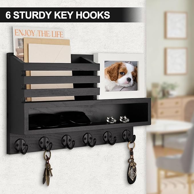 Lucundm Key and Mail Holder Wall Mount, Key Hanger with Long Storage Box and Key Hooks for Coat, Dog Leash, Home Decor Rack, House Accessories, Entry Way Organizer