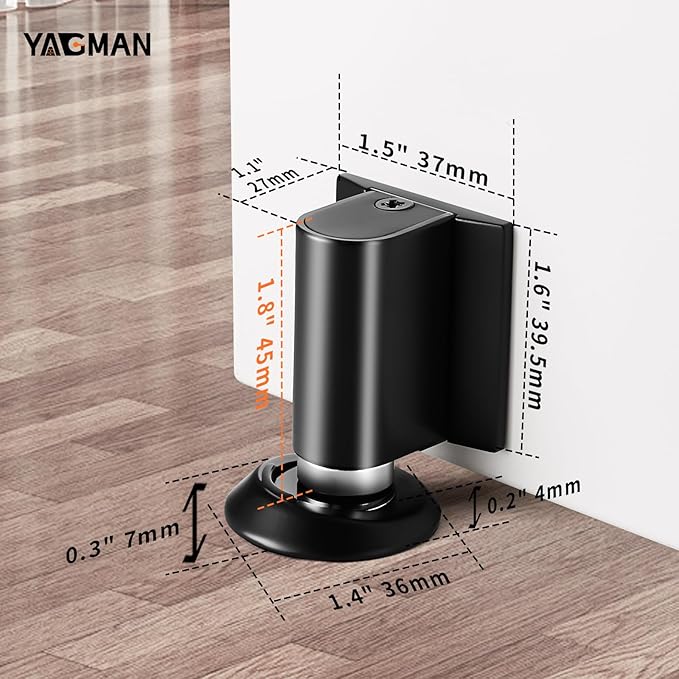 2 Pack Magnetic Door Stoppers Retractable Bottom of Door Holder No Drilling Mount Heavy Duty Floor Door Stop with Screws and Adhesive Catch Door Keep Door Open Matte Black MB-2