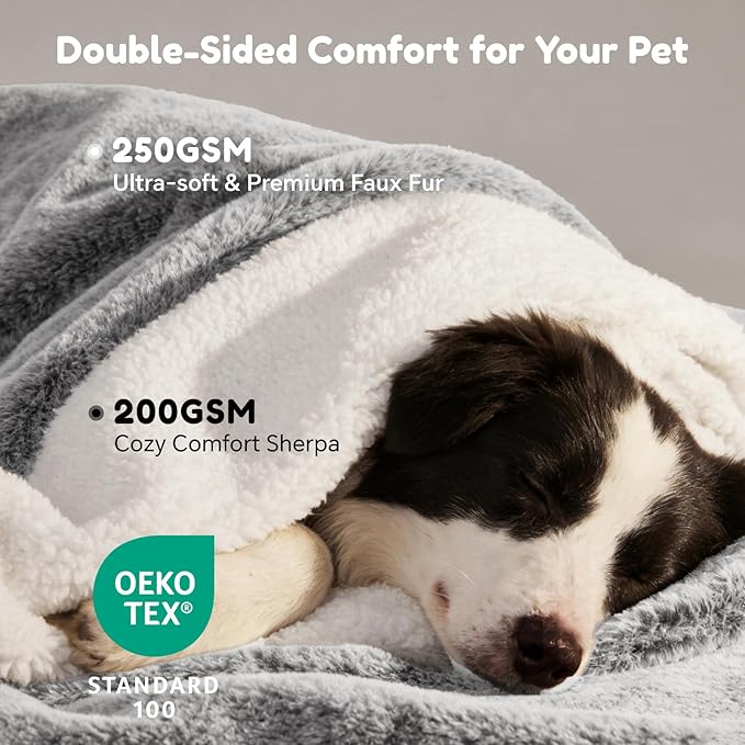 Dog Blanket Waterproof, Reversible Faux Fur & Sherpa Pet Throw for Couch & Sofa Protection, Soft Plush Dog Blankets for Large Dogs, 50"x60", Light Grey