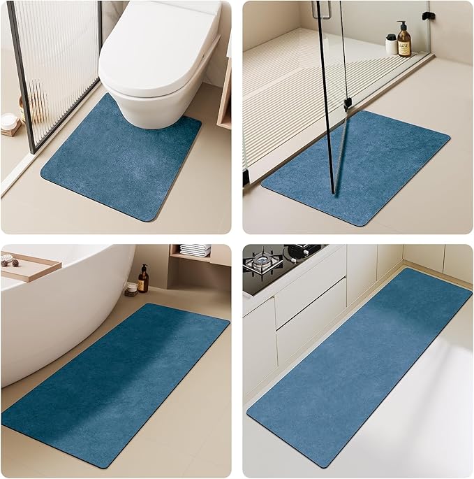 Toilet Rug, Thin Toilet Rugs U Shaped Washable Non Slip Absorbent Quick Dry Low Pile Toilet Mat, 20"x24" U Shape Denim Blue