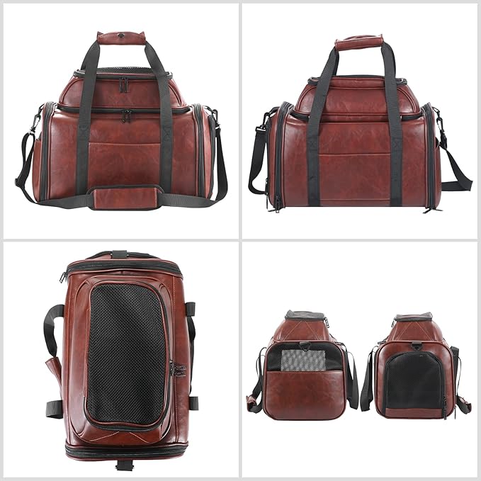 Bosnanller Premium Leather Top Expandable Pet Carrier for Small Dogs & Cats Under 15 lbs, Airline Approved Collapsible Soft-Sided Luxury Travel Bag Coffee