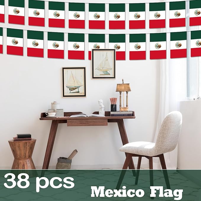 Mexico String Flag Pennant Banner - 38 Flags, 42 Feet Small Mini Mexican Flags Bunting Banner for Country Decoration, School, Party, Sports Events