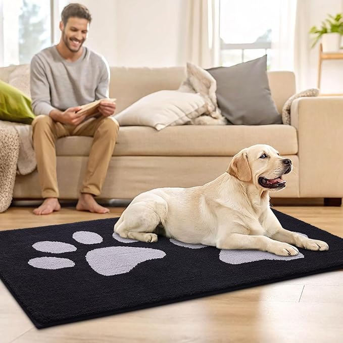 Buganda Dog Door Mat for Muddy Paws, Absorbent Dirt Trapper Washable Indoor Doormats, Non Slip Low-Profile Mud Mat for Dogs, Front Entrance Doormat for Inside Floor (47x32 Inches, Black and Grey)