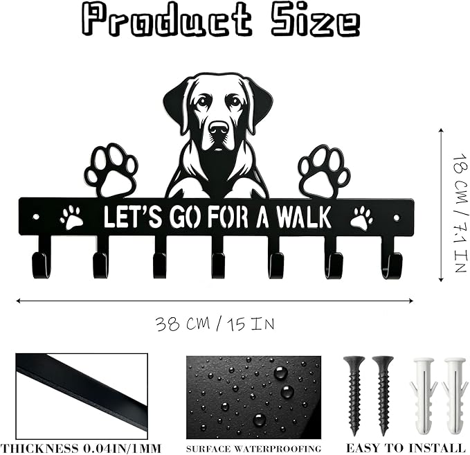 Labrador Key Holder Wall Mount, Dog Leash Holder with 7 Hooks, Metal Key Rack for Entryway Front Door, Black Wall Key Hanger, Labrador Decor Accessories Gift, Decorative Dog Storage Organizer