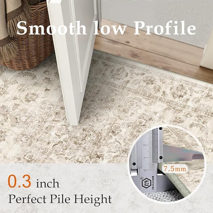 2x14 Washable Neutral Runner Rug Beige Vintage Hallway Kitchen Carpet Non-Slip Soft Low Pile Farmhouse Throw Rug for Bedroom Bathroom Laundry Living Room