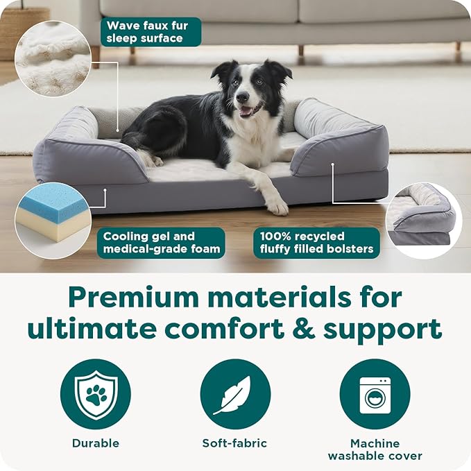 Furhaven Cooling Gel Dog Bed for Large/Medium Dogs w/ Removable Bolsters & Washable Cover, For Dogs Up to 55 lbs - Plush & Velvet Waves Perfect Comfort Sofa - Granite Gray, Large