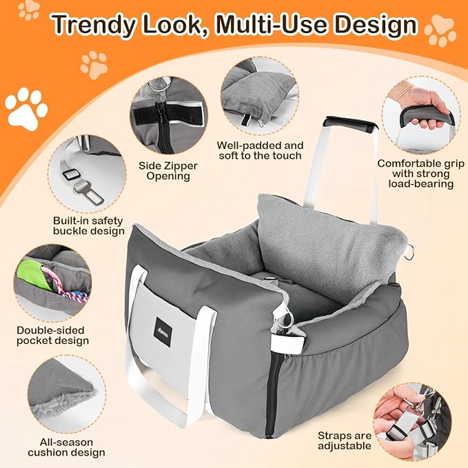 Dog Car Seat for Small Dogs with Extension Zone, Portable Washable Travel Bed for Pets up to 30 lbs, Booster Seat for Front Seat & Camping, Includes Harness Clip – Grey