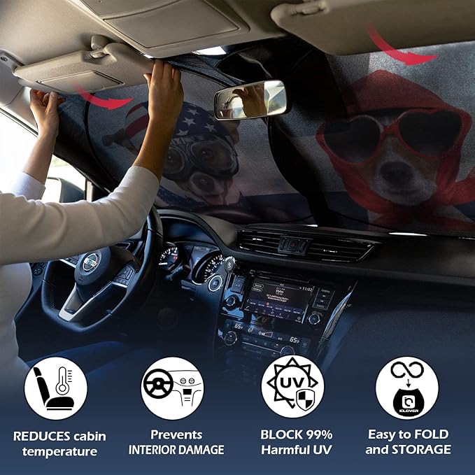 IC ICLOVER Car Windshield Sun Shade with Pet Design, Cute Cartoon Dogs Pattern Automotive Foldable Front Window Sun Visor Protector, Blocks Sun UV Rays Keeps Vehicle Cool (59×33 Inch) Standard Size