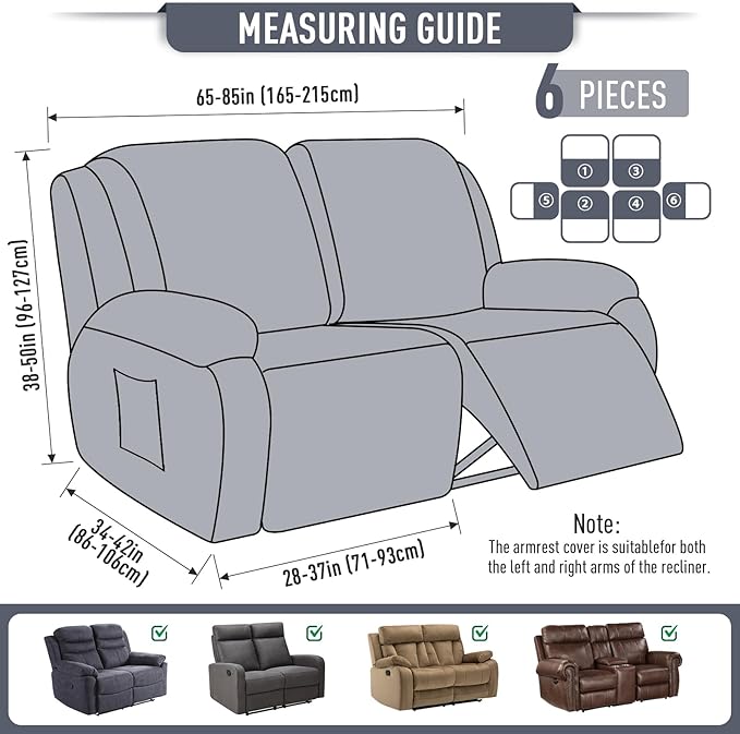 TAOCOCO Recliner Loveseat Slipcover, 6 Pieces Dual Recliner Sofa Covers for 2 Seat Dual Reclining Loveseat Couch, Stretch Soft Jacquard Pattern Furniture Protector with Elasticity (2XL, Grey)