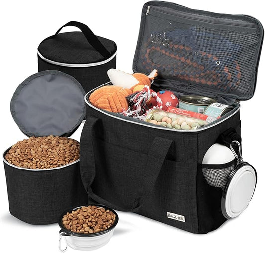 BAGLHER Dog Travel Bag Backpack Pet Supplies Backpack Pet Accessories Storage Bag 5-Piece Set With Shoulder Strap 2 Lined Pet Food Containers 2 Foldable Feeding Bowls Essential Kit for Pet travel