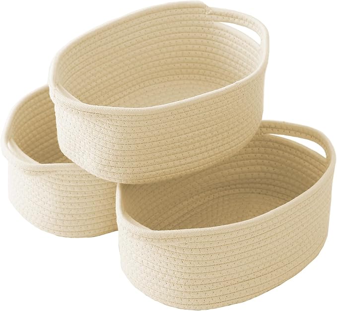 JMvicyroam Woven Basket,Small Rope Storage Bin with Handles & Ribbon Bag, Organizer for Shelves Closets,Gift Basket Empty for Birthday,Books,Dog Toys,Beige/3 Pack
