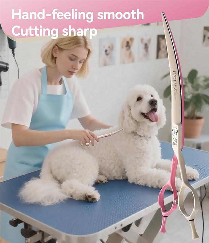 Fenice Peak Curved Dog Grooming Scissors with Coating 440C Stainless Steel, 7 inch Professional Curved Shears Dog Grooming，25 Degree of Curved Blade，Pet Shears for Trimming Face and Paws, Pink & White