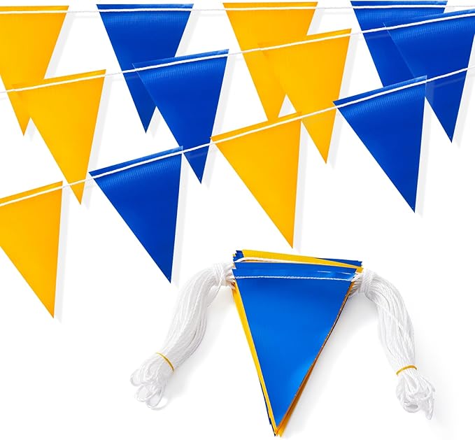 Warning Safety Pennant Banner Flags – Multipurpose 105FT OSHA Bright BLUE/YELLOW Triangle Flags for Construction,Outdoor & Event Hazard Precaution(BLUE+YELLOW,45pcs,105FT)
