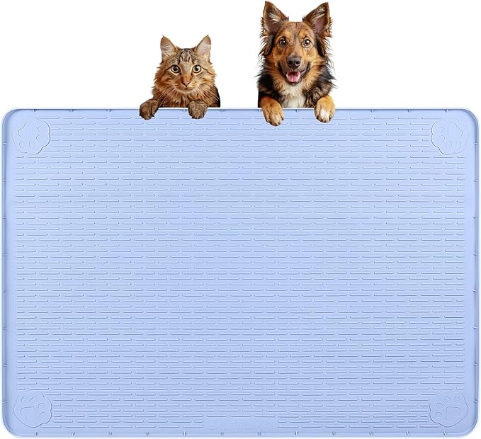 Bartuke Dog Food Mat, Extra Large 34" x 22" Silicone Pet Feeding Mat with Raised Edge Pet Placemat for Small, Medium, and Large Pets Non-Slip, Easy to Clean (Blue)