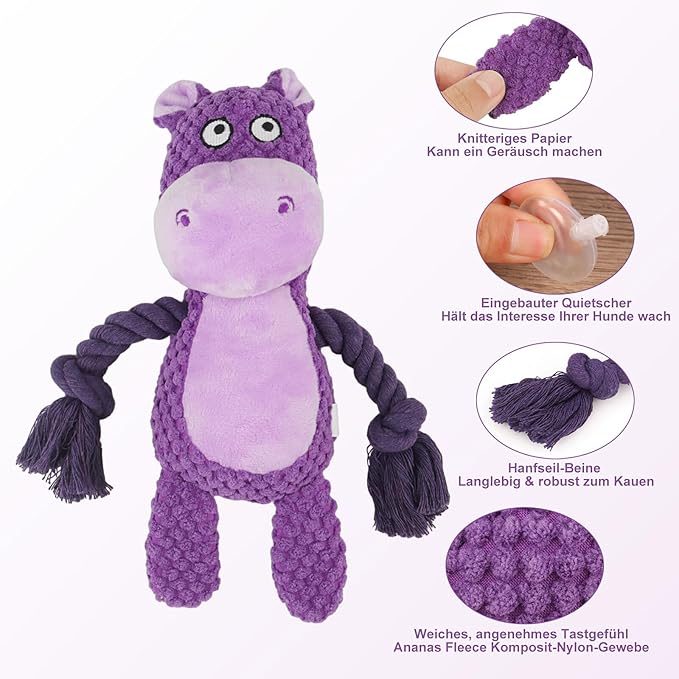 TONYFY Dog Toys, Dog Squeaker Toys with Crinkle Paper, Stuffed Animal Dog Plush Chewing Toy, Cotton Rope Interactive Toys for Puppy, Small, Middle Dogs (Purple Hippo)