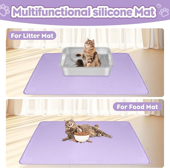 Bartuke Cat Litter Mat, Extra Large 34" x 22" Silicone Mat Litter Trapping Mat for Scatter Control, Soft on Kitty Paws, Easy to Clean (Purple)