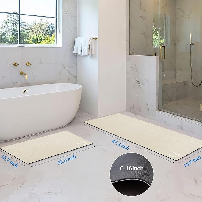 2 Piece Bathroom Mat Rugs Set - Quick Dry Absorbent Diatomaceous Earth Bath Mat Non-Slip Bathroom Floor Mat with Rubber Backing, Thin Bathroom Rugs Fit Under Door, 15.7x23.6+15.7x47.2 Inch, Beige