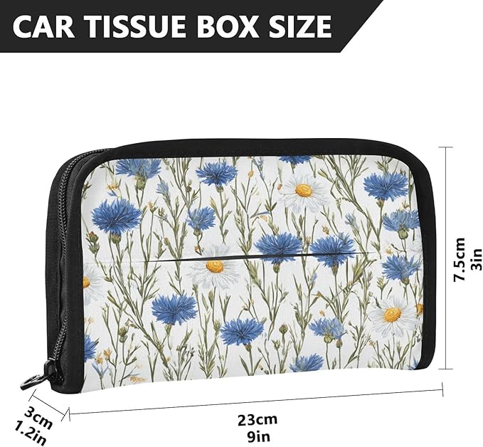 Car Tissue Holder Car Napkin Holder Car Tissue Box Dispenser Storage Case Sun Visor Mask Holder with Adjustable Straps Reusable Refillable Blue and White Daisy03