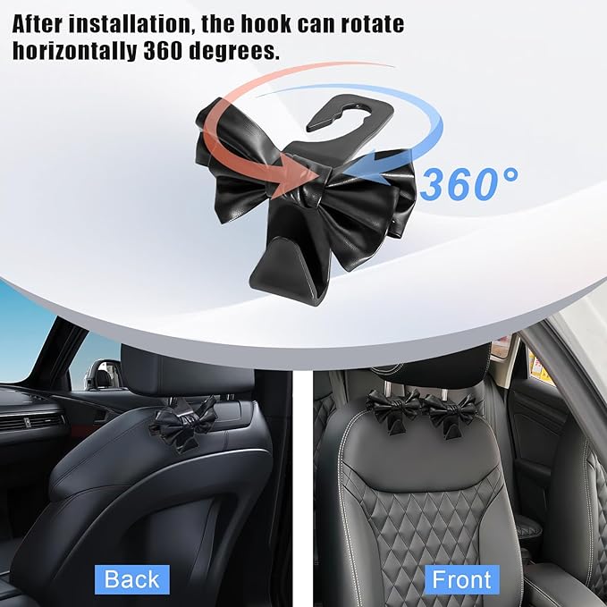 2 PCS Car Seat Headrest Hooks, Cute Bow Purse Hook Hanger for Car Headrest, Universal Leather Purse Holder for Umbrella, Storage Bag, Coat (Black)