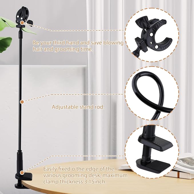 DYNWAVE Dog Hair Dryer Stand, Pet Grooming Table Hair Dryer Holder Hose Tube Holder Hands- Groomers Adjustable Third Arm with Clamp, 360 Degrees Rotatable Hair Dryer Stand for Dog Cat Grooming