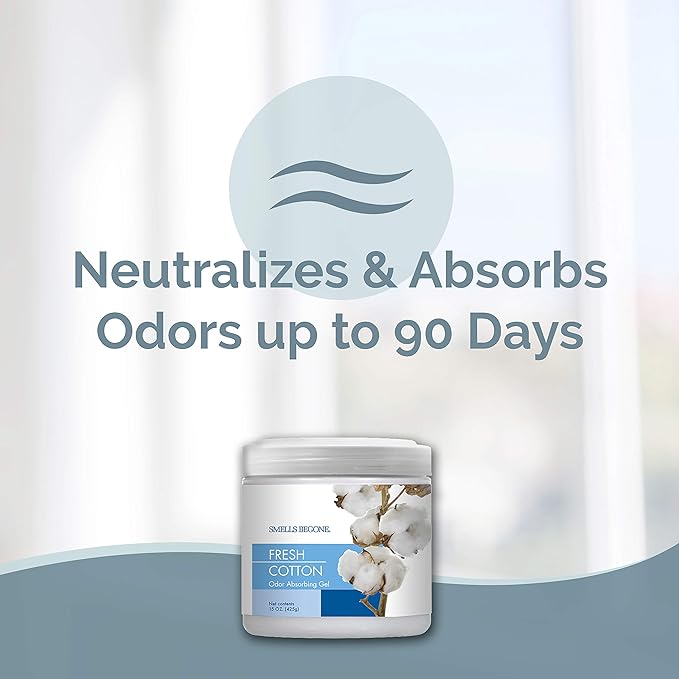 SMELLS BEGONE Air Freshener Odor Absorber Gel - 15 oz, Pack of 2 - Absorbs and Eliminates Odor in Pet Areas, Bathrooms, Cars, & Boats - Made with Essential Oils - Fresh Cotton Scent