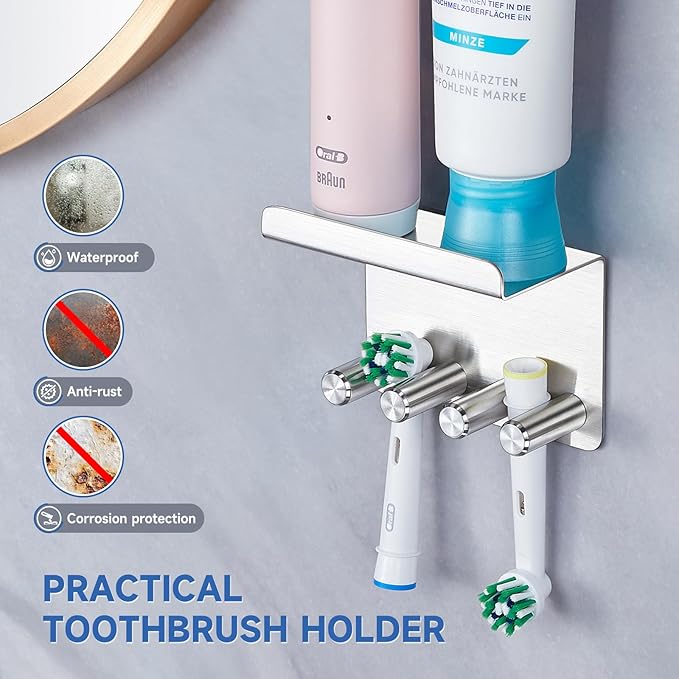 Toothbrush Holder Wall Mounted for Bathrooms, Stainless Steel Electric Toothbrush Head Holder, Self Adhesive Toothbrush and Toothpaste Organizer, Wall Tooth Brushing Razor Holder for Shower