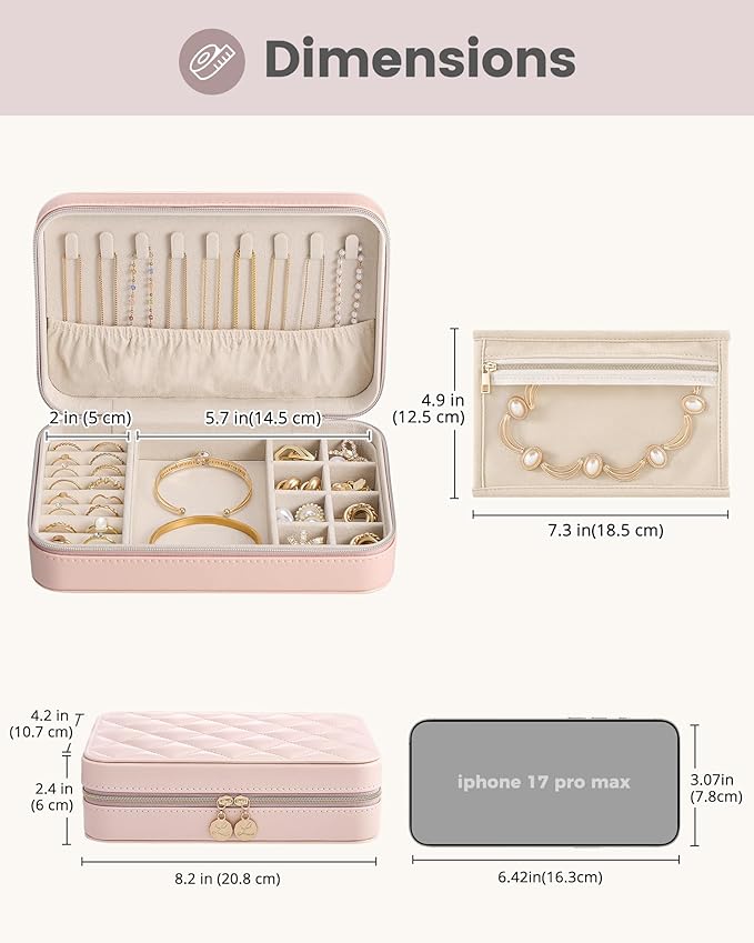 Lolalet Travel Jewelry Case for Women Girls, Travel Jewelry Organizer with Clear Storage Bag Small Portable Jewelry Box for Necklace Bracelet Earring Ring Valentines Bridesmaid Gifts -Large/Pink