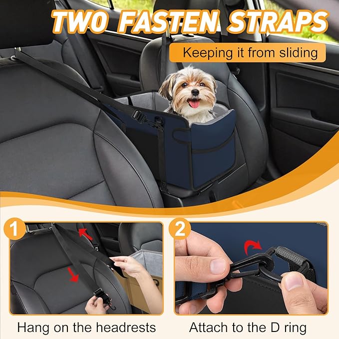 Portable Dog Car Seat for Small Dogs - Adjustable Safety Leash, Washable Cushion & Storage Pocket - Pet Booster Seat for Car Travel- Navy Blue