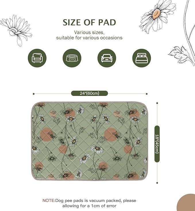 IEUUMLER Washable Pee Pads for Dogs, 2 Pack Non-Slip & Waterproof Pack Whelping Pad, Reusable Washable Puppy Potty Training Pad with Fast Absorbent for Playpen EU007 (Grass Green Daisy, 24"X18"-2pcs)