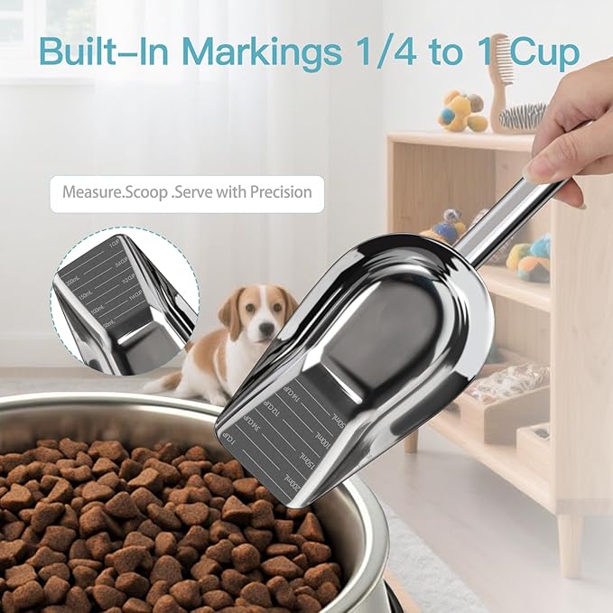 Dog-Cat Food Scoop 1 Cup – Thickened 304 Stainless Steel Pet Food Scoop with Long Handle, Precision Scale, Easy to Clean, Suitable for Wet Dry Food
