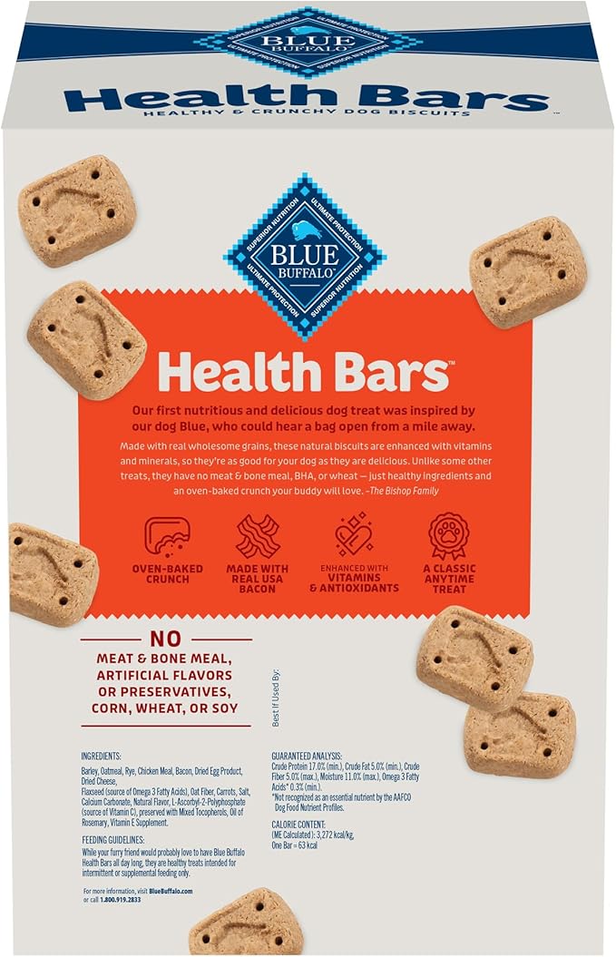 Blue Buffalo Mini Health Bars Crunchy Dog Biscuits, Oven-Baked With Natural Ingredients, Bacon, Egg & Cheese, 2-lb Box