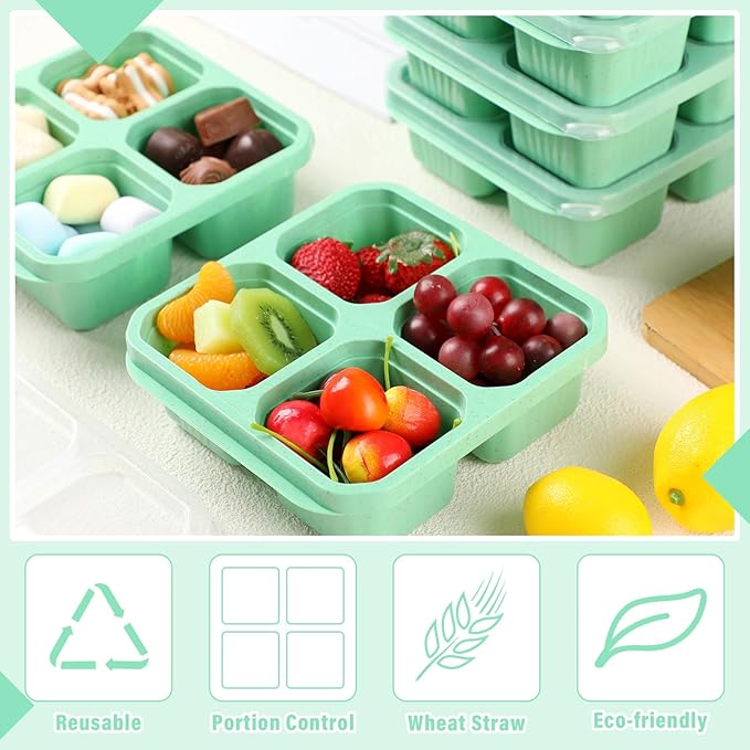 12 Pcs 4 Divided Compartments Snack Containers Bento Wheat Straw Snack Box with Lid Reusable Meal Prep Lunch Box Food Storage Containers for Adults Christmas Travel Work Gifts(Green)