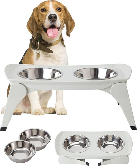 MalsiPree Elevated Dog Bowl Stand - Foldable Raised Feeding Station 6.5" - 2 Stainless Steel Bowls, Portable Non-Slip, Mess-Catching, Travel Pet Bowl Set - Dishwasher Safe, Medium & Large Breeds