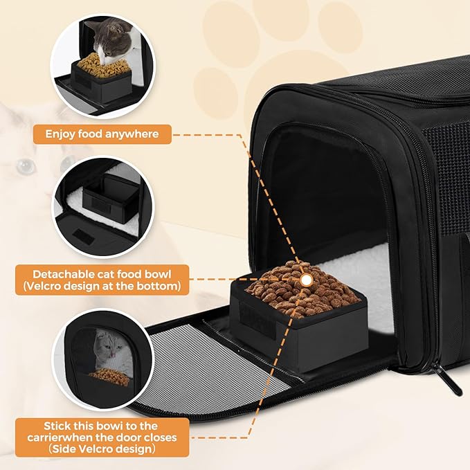 FOORLON Cat Carrier Soft for Pets Up to 15 Lbs, Cat Travel Bag with Padded Shoulder Strap and Detachable Cat Food Bowl, Pet Dog Carriers for Small Dogs Travel Puppy Carry Airline Approved, Black