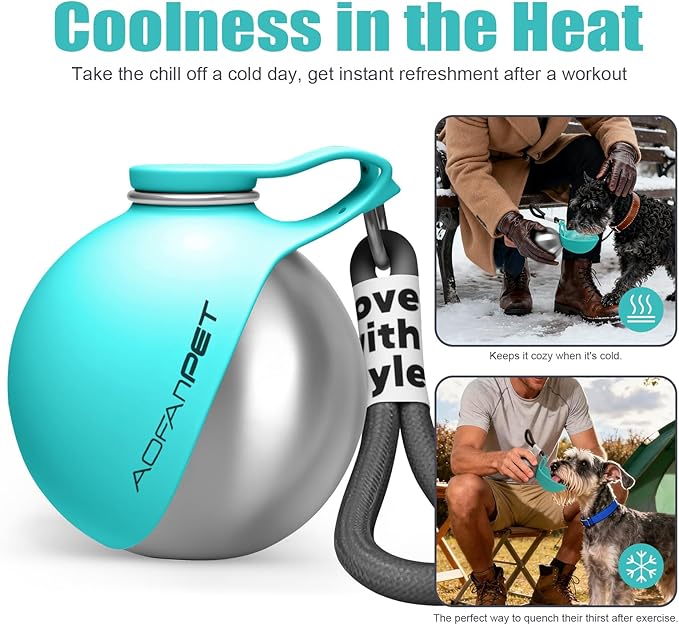Portable Dog Water Bottle 10oz Stainless Steel Travel Dog Water Dispenser with Bowl No-Spill Puppy Water Bottle for Walking Hiking Small Dog Water Bottle, Includes Waste Bag Holder
