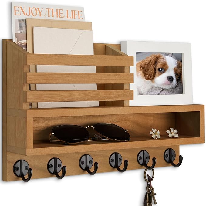 Lucundm Key and Mail Holder Wall Mount, Key Hanger with Long Storage Box and Key Hooks for Coat, Dog Leash, Home Decor Rack, House Accessories, Entry Way Organizer
