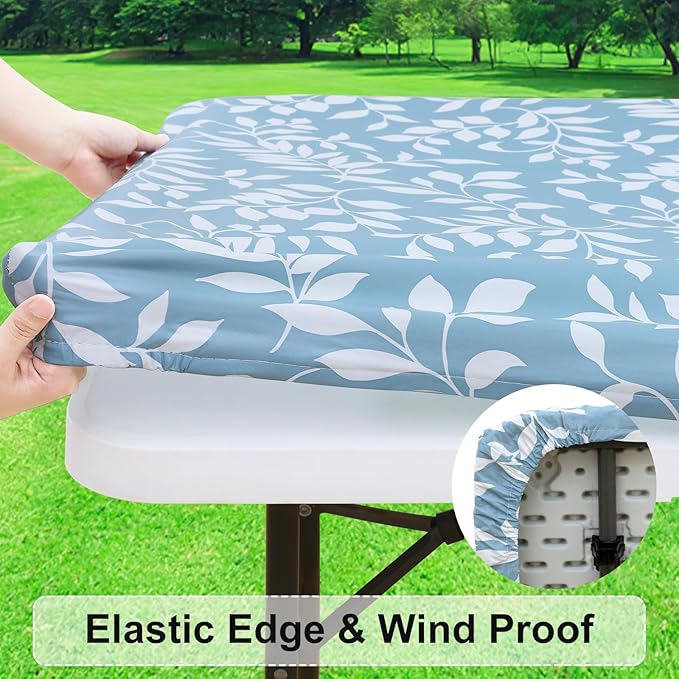 misaya Rectangle Vinyl Tablecloth, Fitted Table Cover, 100% Waterproof, Elastic Edge, Flannel Backing, Plastic Table Cloth Fit 6 Foot Folding Tables for Picnic, Camping (Blue Leaves, 30x72 inch)