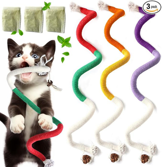 Cat Toys for Indoor Cats, Kitten Toys for Indoor Kittens, Catnip Rope Chew Toys for Teeth Cleaning, Interactive Cat String Toy, Kitty Kicker Toy, 3 Pack (Plus 3 Pouches of Catnip)